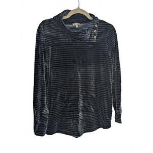 T by Talbots Women's Long Sleeve Stripe Velour Sweater Button Detail